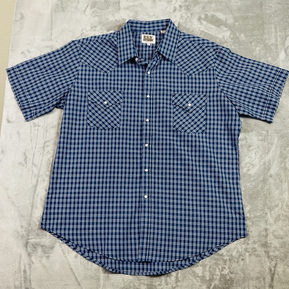Vintage Ely Cattleman Pearl Snap Shirt Mens X-Large Blue Plaid Western Casual